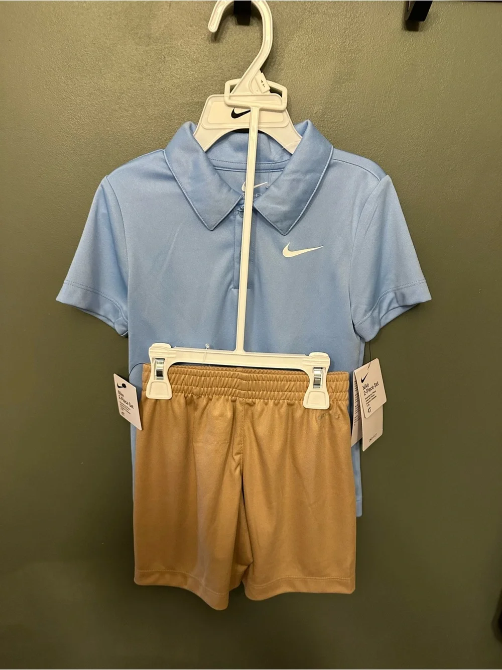 Nike Youth Polo & Shorts Set - Light Blue Polo with Tan Shorts